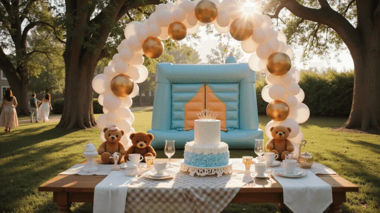 The Ultimate Guide to Throwing an Unforgettable 4-Year-Old Girl's Birthday Party Photorealistic backyard birthday party scene featuring a blue bounce house, balloon arch, vintage picnic table with tea party setup, teddy bears in party hats, a two-tiered cake with buttercream flowers, and activity stations, all bathed in golden hour lighting.