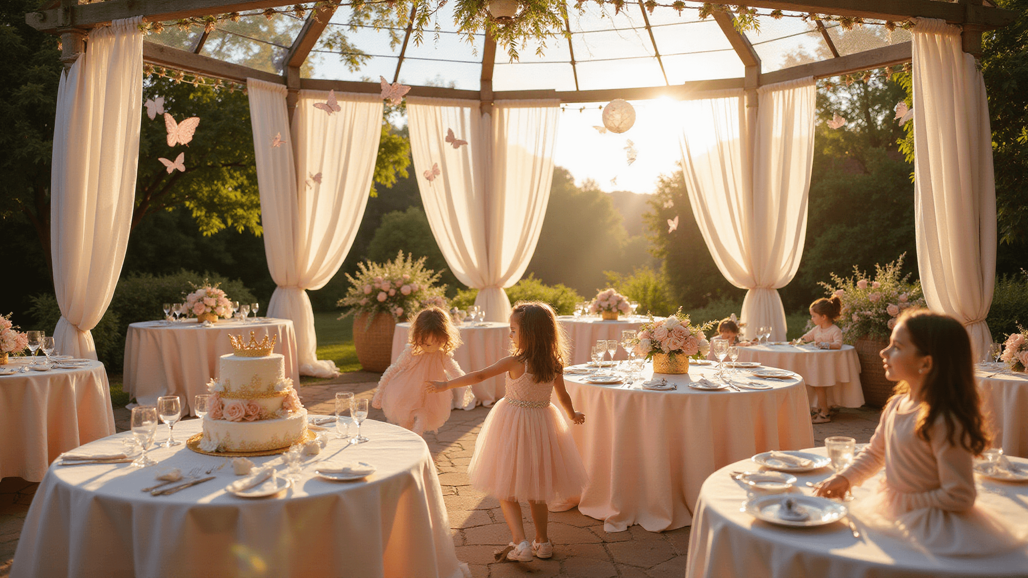 A whimsical garden party scene featuring an elegant gazebo draped in tulle and fairy lights, round tables with blush pink linens and floral centerpieces, young girls in pastel dresses dancing, and a grand dessert table with a castle cake, all captured in soft lighting and hyperrealistic detail.
