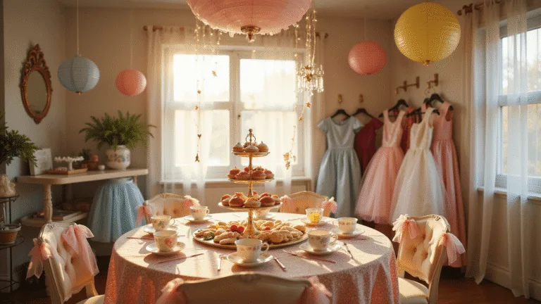 Magical Toddler Tea Party Birthday: Your Ultimate Celebration Guide Whimsical toddler tea party in a sunlit living room, featuring a vintage table with a lace tablecloth, colorful teacups, tiered platters of snacks, and playful decorations.