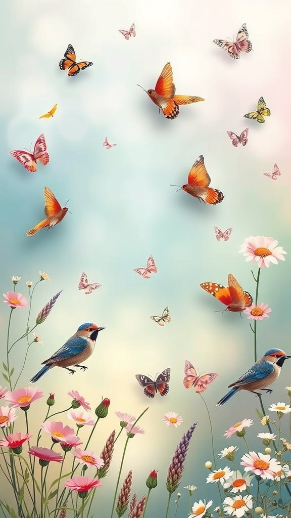 50 Stunning Coquette Wallpaper Designs to Transform Your Space Whimsical wallpaper featuring birds and butterflies in a colorful floral setting.