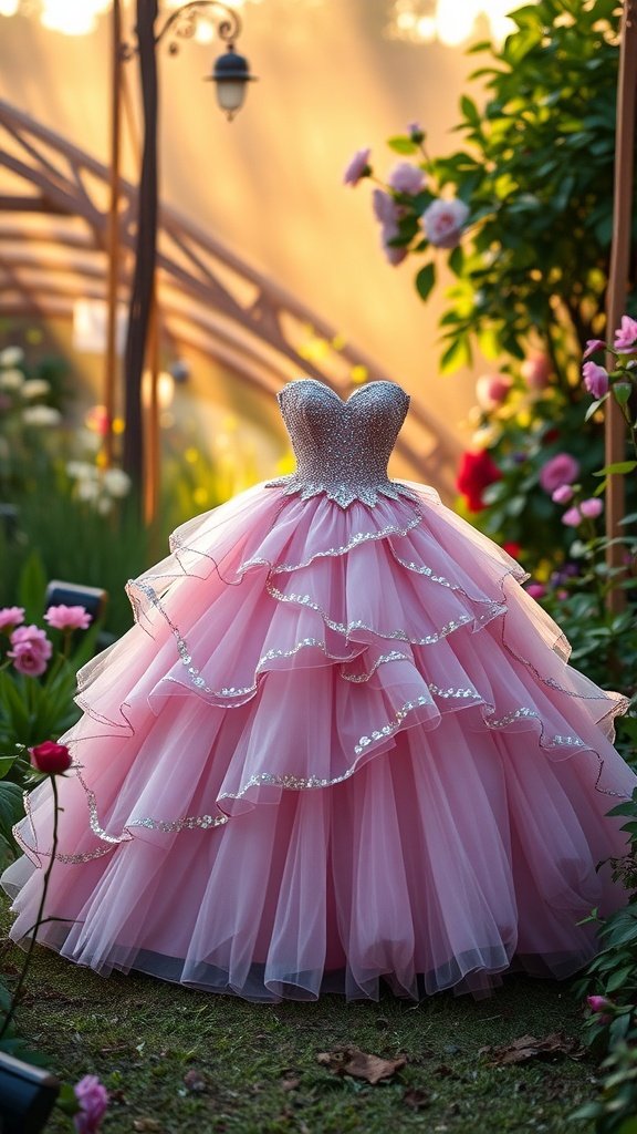 30 Stunning Ball Gowns for Your Next Formal Event A pink ball gown with a sparkly bodice and ruffled layers displayed in a beautiful garden setting.