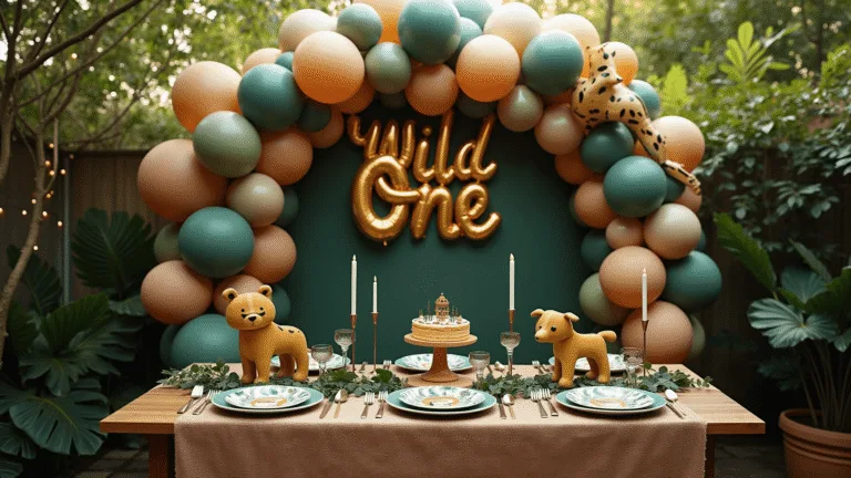 Wild One: The Ultimate First Birthday Bash for Little Explorers A whimsical jungle-themed birthday party setup featuring a decorated table with gold animal figurines, earth-toned balloon arrangements, and a "Wild One" balloon arch, set in a well-lit backyard with lush greenery and a vibrant tropical mural in the background.