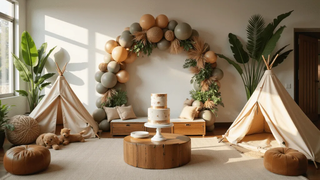 First Birthday Party Magic: The Ultimate Guide to Capturing Your Little One's Milestone A beautifully decorated modern living room for a 'Wild ONE' safari-themed first birthday party, featuring a neutral-toned balloon arch, grazing table with natural fiber cushions, and a two-tiered fondant cake, all bathed in warm golden hour lighting.