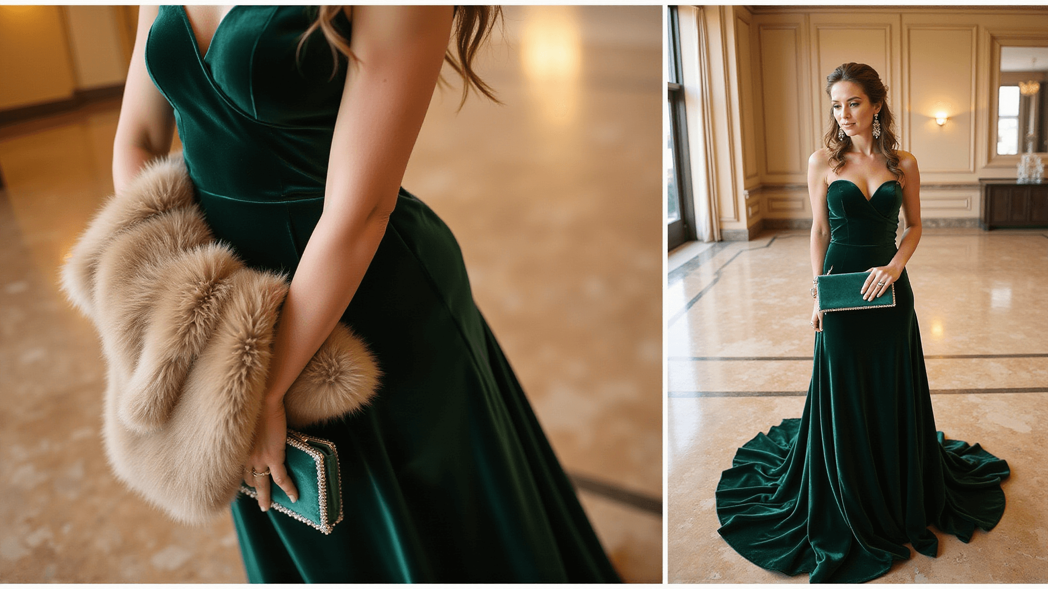 A woman in a deep emerald velvet gown poses in a luxurious hotel lobby, adorned with crystal drop earrings and a matching velvet clutch, draped in a champagne faux fur stole, embodying a glamorous winter wedding ambiance during golden hour.