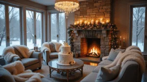 Winter Wonderland: How to Throw an Epic Winter Birthday Bash A luxurious living room transformed into a winter wonderland birthday celebration, featuring a roaring fireplace, plush seating, warm ambient lighting, a dessert table with a decorated cake, and gently falling snow visible through large windows.