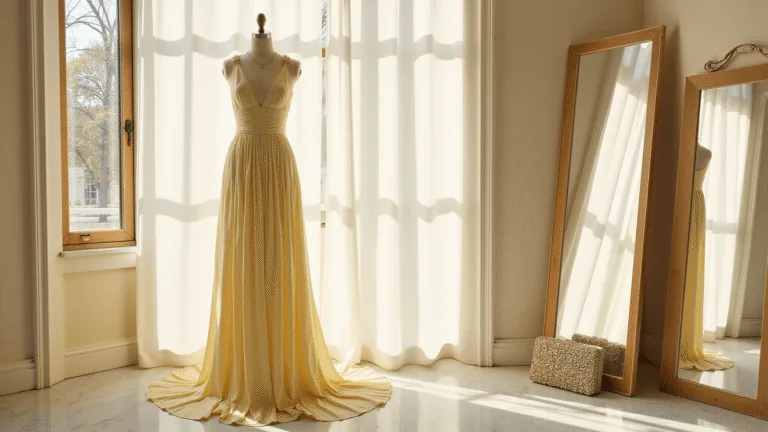 Yellow Wedding Guest Dress: Your Ultimate Style Guide & Shopping Secrets A pale lemon silk maxi dress on a mannequin in a sunlit luxury bridal boutique with floor-to-ceiling mirrors and marble floors, featuring gold accessories and a crystal-embellished clutch, all bathed in warm natural light.