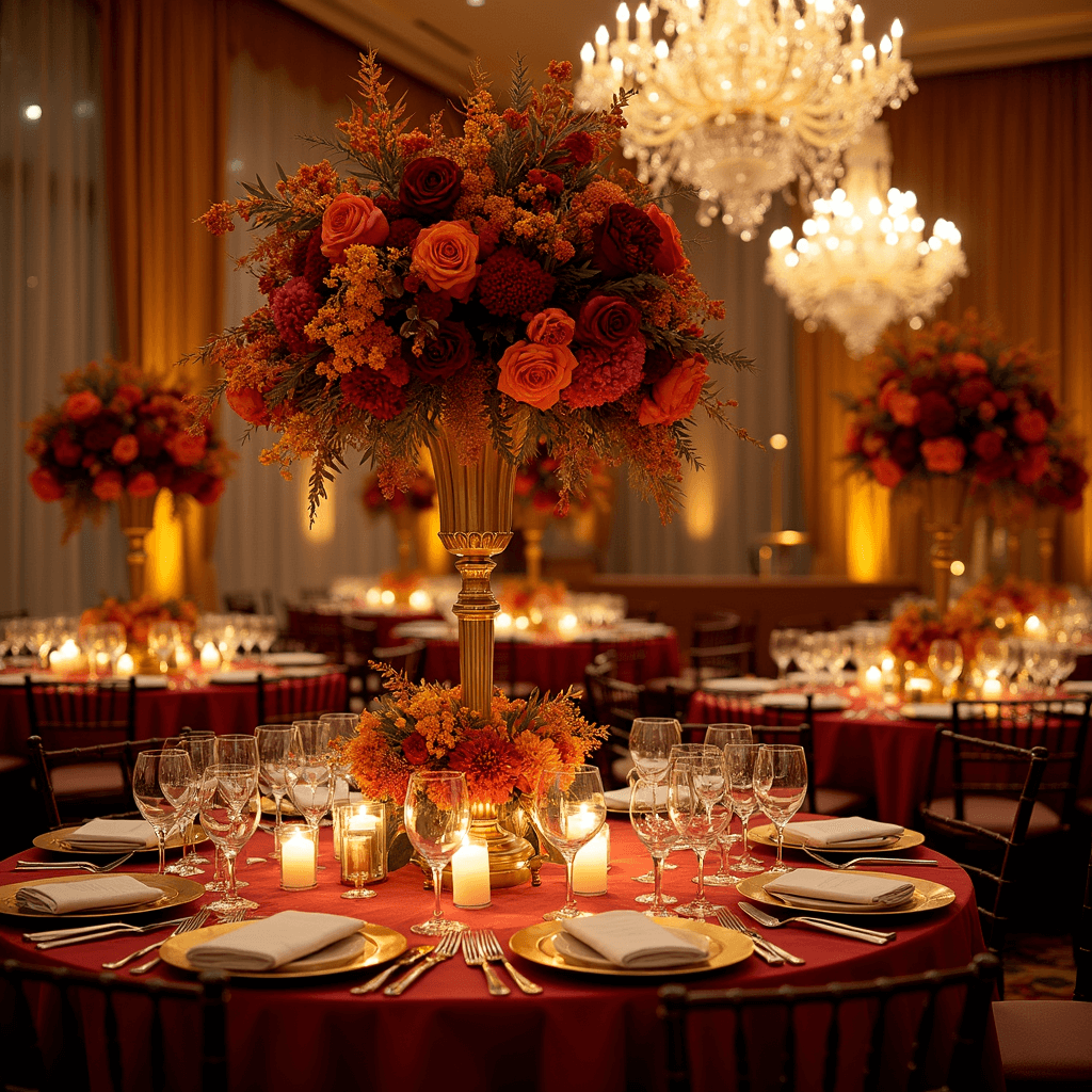 Crafting the Perfect Fall Dinner Party: Your Ultimate Guide to Seasonal Entertaining An elegant ballroom for an autumn gala, featuring crystal chandeliers, deep red silk tablecloths, elaborate place settings with gold-rimmed chargers, towering centerpieces of burgundy peonies and orange roses, sheer amber drapery, taper candles in brass holders, and a string quartet on stage.