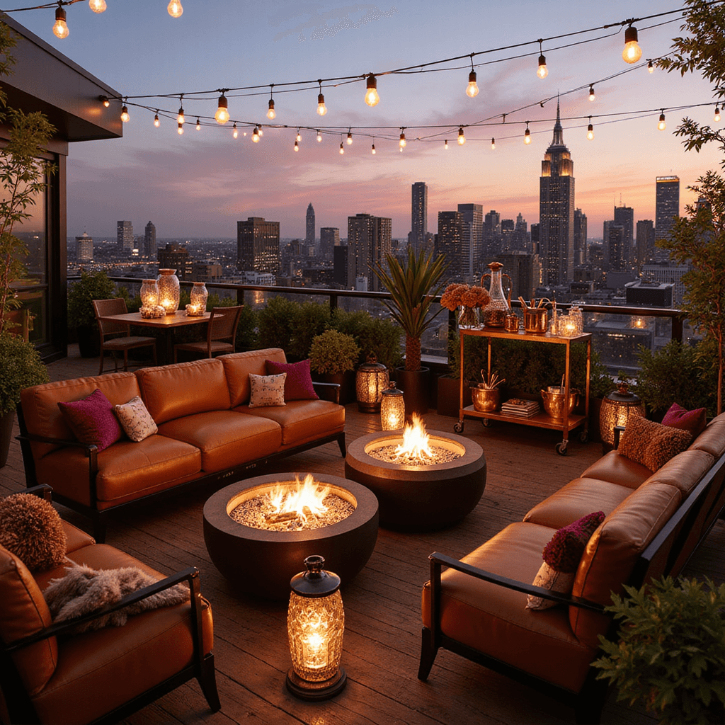 Crafting the Perfect Fall Dinner Party: Your Ultimate Guide to Seasonal Entertaining A sophisticated autumn cocktail party on a rooftop terrace, featuring rich cognac leather furniture, copper moscow mule mugs with floral arrangements, a gleaming mobile bar cart, and string lights overhead, with a sunset city skyline in the background.