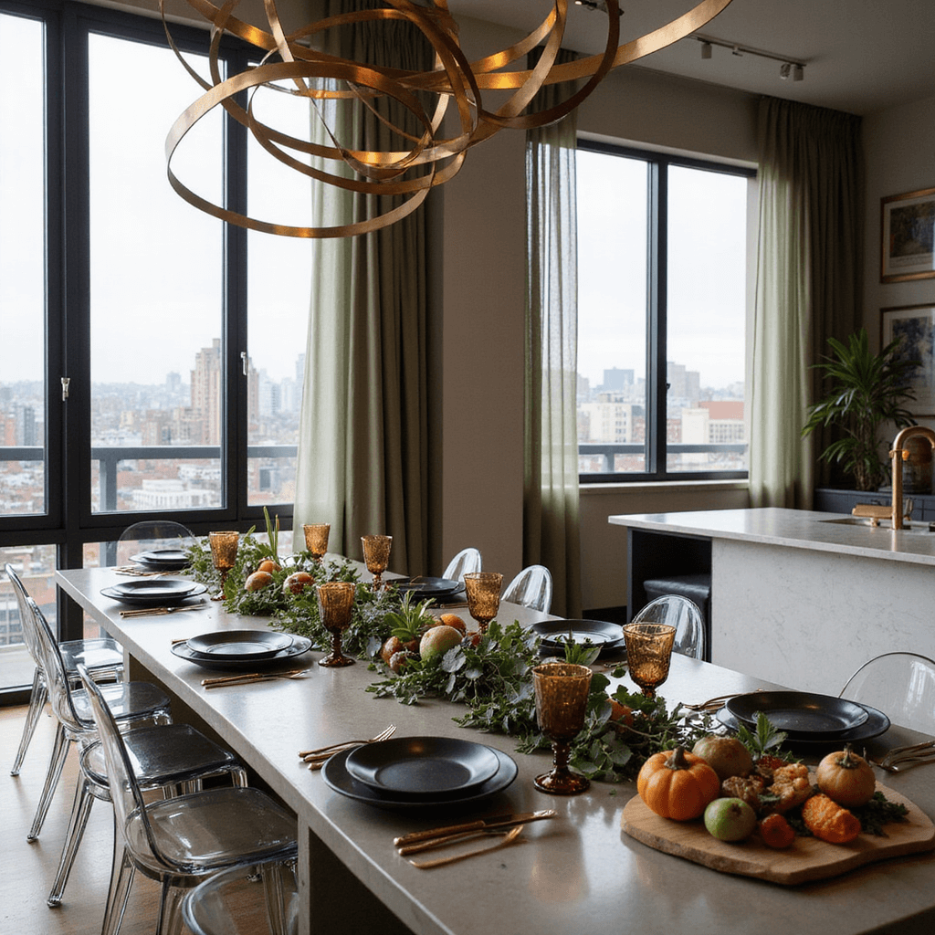 Crafting the Perfect Fall Dinner Party: Your Ultimate Guide to Seasonal Entertaining A chic Friendsgiving gathering in a modern apartment's open-concept living area, featuring a polished concrete dining table set with matte black plates and rose gold cutlery, adorned with a eucalyptus and artichoke garland, and ghost chairs. Floor-to-ceiling windows showcase a dusky urban landscape, while a statement brass chandelier hangs overhead. The adjacent kitchen displays a marble island with a vibrant grazing board of autumn fruits and cheeses.