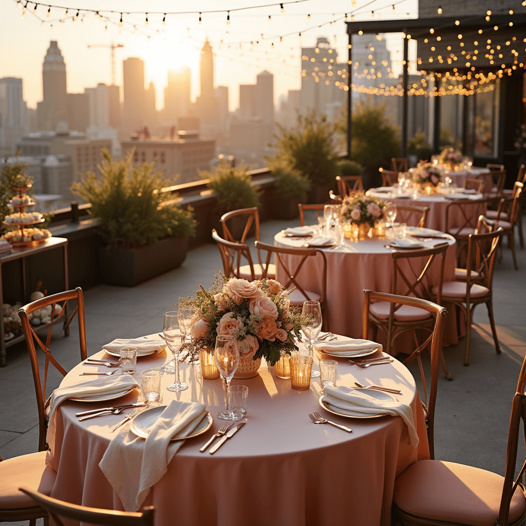 Creating the Perfect Dinner Party Table: A Comprehensive Guide A beautifully set rooftop terrace at sunset, featuring round tables with blush pink linens, elegant floral centerpieces, rose gold cutlery, and crystal champagne flutes, surrounded by a stunning city skyline and twinkling fairy lights.