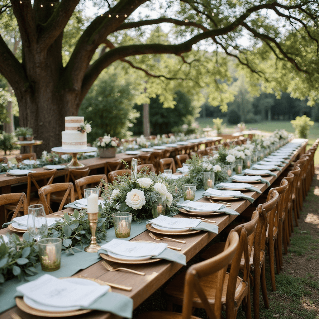 Creating the Perfect Dinner Party Table: A Comprehensive Guide An intimate garden wedding reception featuring long wooden farm tables beneath ancient oak trees, adorned with string lights. The tables are decorated with sage green runners, white plates, gold-rimmed glassware, lush garlands of eucalyptus and white roses, brass candlesticks, and vintage place cards on linen napkins. Wooden cross-back chairs complete the rustic setting, while a nearby dessert table displays a naked cake decorated with figs and berries.