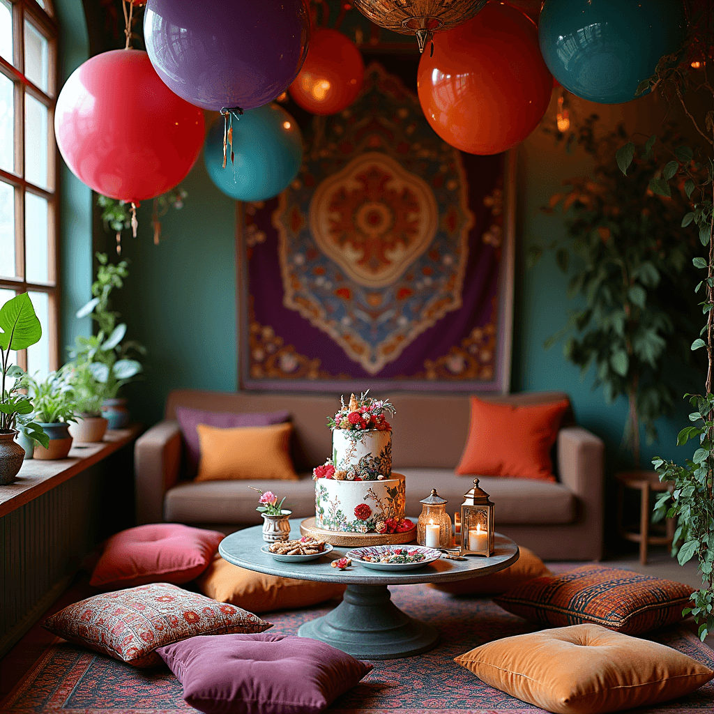 Creating the Perfect Dinner Party Table: A Comprehensive Guide A cozy living room transformed into a whimsical birthday celebration with low tables, plush floor cushions in jewel tones, a tiered birthday cake with fresh flowers, copper lanterns, vibrant textiles, and oversized balloons.