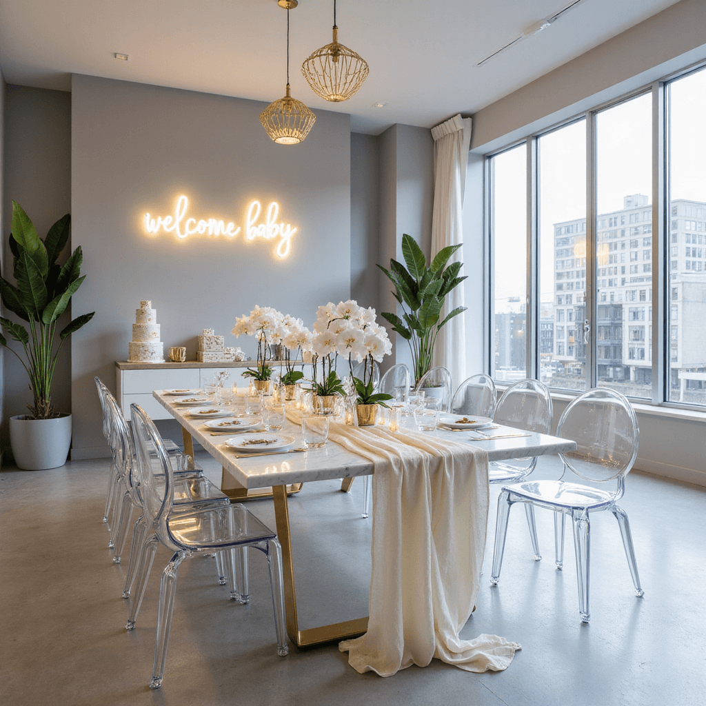 Creating the Perfect Dinner Party Table: A Comprehensive Guide A modern minimalist baby shower in a sleek urban loft, featuring a long marble dining table with ghost chairs, elegant white orchids, geometric gold accents, and a glowing neon "welcome baby" sign against a backdrop of floor-to-ceiling windows with city views.
