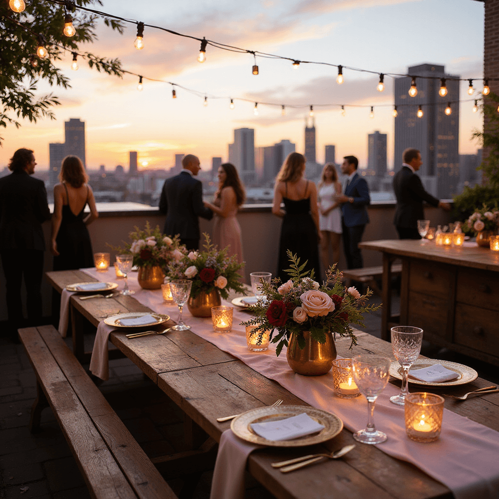 Unforgettable Dinner Party Menus: Your Ultimate Guide to Hosting Like a Pro A candlelit rooftop terrace at golden hour, featuring long wooden tables with blush pink silk runners, lush floral centerpieces in antique brass vases, twinkling fairy lights overhead, vintage crystal glassware, gold-rimmed plates, and a rustic bar cart with handcrafted cocktails, against a soft-focus city skyline backdrop.