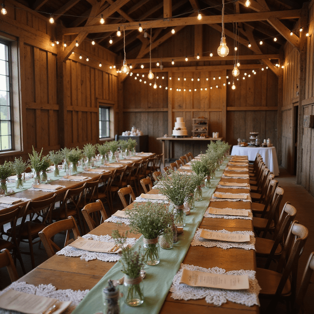 Crafting the Perfect Dinner Party Table Setting: A Comprehensive Guide A rustic barn wedding reception at twilight featuring long wooden tables with sage green runners, ivory lace overlays, and vintage china, illuminated by Edison bulbs, with wildflower centerpieces and a dessert table showcasing a naked cake.