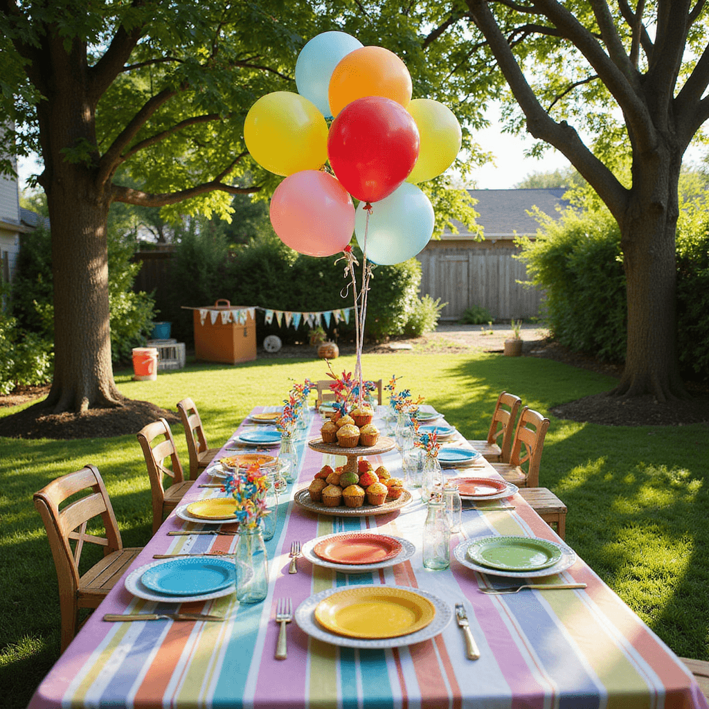 Crafting the Perfect Dinner Party Table Setting: A Comprehensive Guide A whimsical children's birthday party in a sun-drenched backyard featuring a long picnic table with a striped tablecloth, colorful place settings, mason jars with fruit skewers, a tiered cupcake display with pinwheels, vintage suitcases as activity stations, and a 'Happy Birthday' banner between trees.