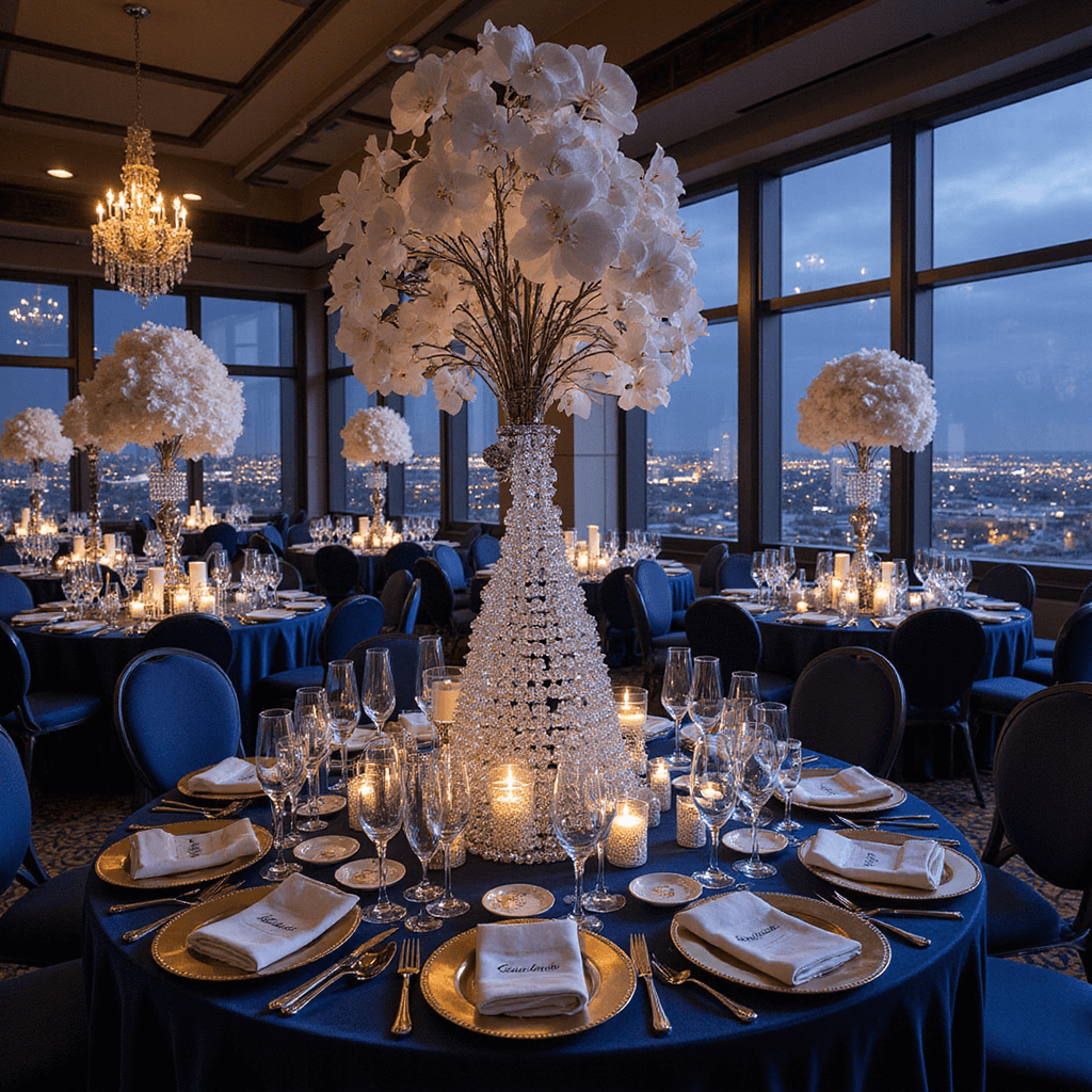 Crafting the Perfect Dinner Party Table Setting: A Comprehensive Guide An opulent New Year's Eve dinner party in a grand ballroom featuring round tables draped in midnight blue velvet, adorned with elaborate centerpieces of white orchids and silver branches, gold charger plates, and a sparkling champagne tower, all illuminated by ornate silver candelabras against a backdrop of a cityscape ablaze with lights.