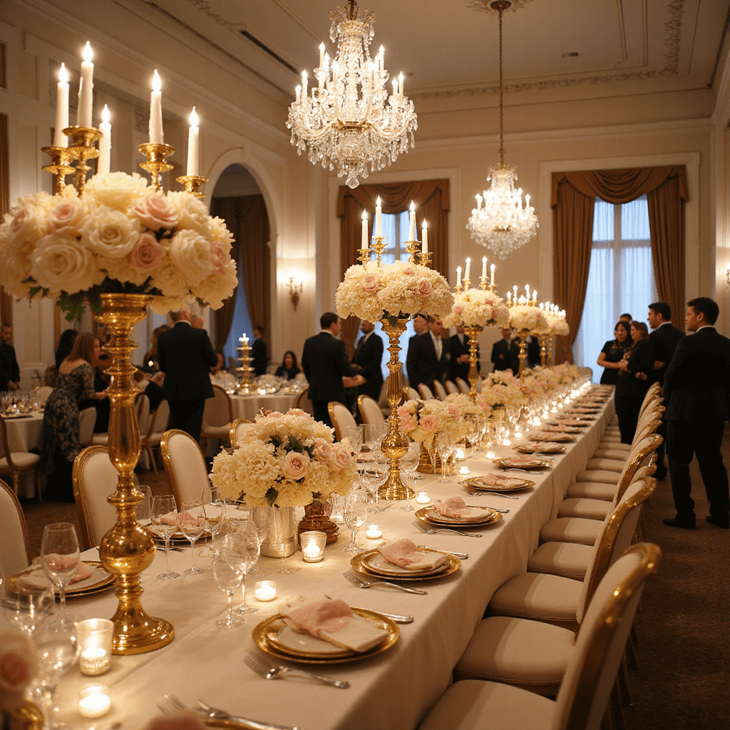The Ultimate Guide to Hosting a Stunning Dinner Party: From Setup to Social Media Success A grand ballroom elegantly set for a dinner party, featuring crystal chandeliers, ivory silk-draped tables, ornate gold candelabras, lavish floral centerpieces, and guests in evening wear mingling by a champagne tower.