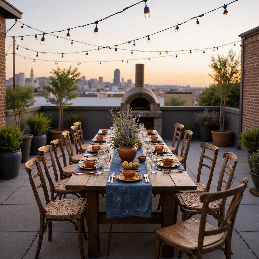 The Ultimate Guide to Hosting a Stunning Dinner Party: From Setup to Social Media Success Intimate rooftop terrace at golden hour with string lights overhead, rustic farm table set for 12 with mismatched vintage chairs, hand-dyed indigo runners, terracotta plates, and brass cutlery. Centerpieces of olive branches, lavender, and citrus fruits in earthenware pottery, with a stone pizza oven in the background and a city skyline beyond, captured from a slightly elevated angle.