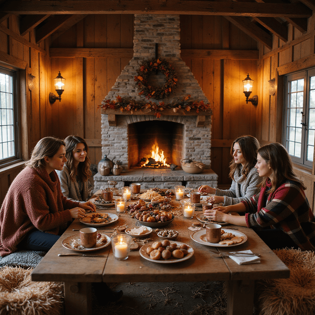 The Ultimate Guide to Hosting a Stunning Dinner Party: From Setup to Social Media Success A wide shot of a rustic barn decorated for a cozy autumn gathering, featuring hay bales with chunky knit blankets, low wooden tables adorned with copper mugs of spiked cider, bowls of roasted chestnuts, and artisanal cheeses. Wreaths of dried leaves and berries hang from the beams, while lanterns and a crackling fire create a warm atmosphere as guests in plaid shawls enjoy the inviting setting.