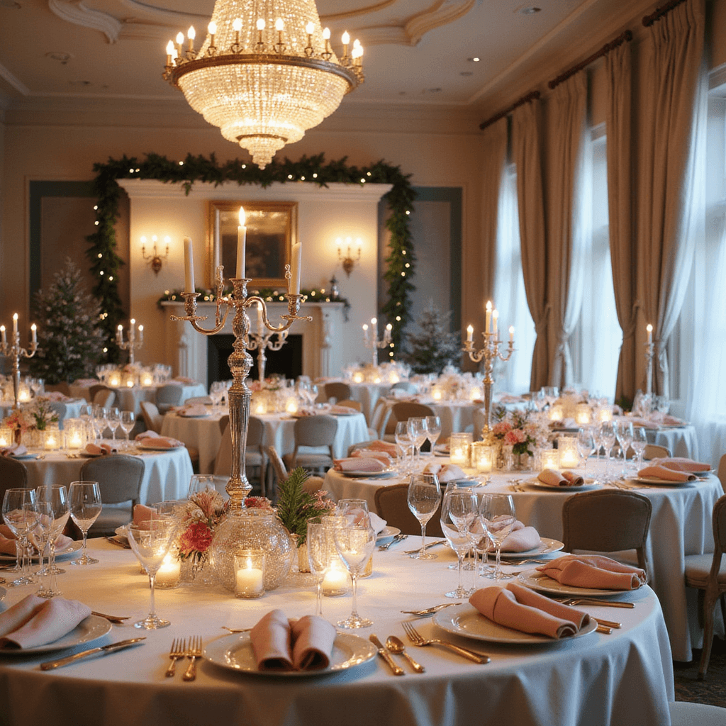 Dinner Party Aesthetic: Crafting Unforgettable Evenings of Style and Connection A luxurious winter wonderland dinner party setup in an elegant ballroom, featuring round tables with white tablecloths, silver candelabras, and crystalline centerpieces, all illuminated by soft candlelight and a sparkling chandelier.