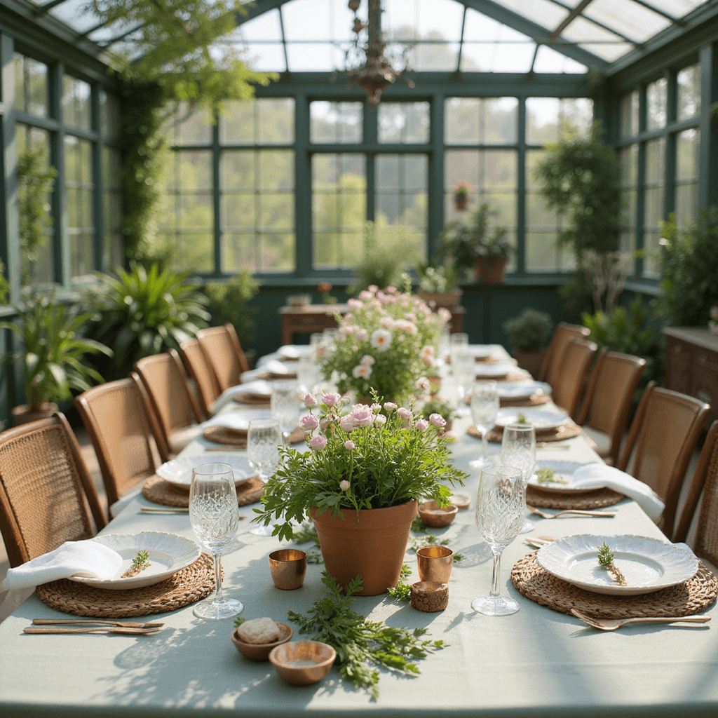 Dinner Party Aesthetic: Crafting Unforgettable Evenings of Style and Connection A sunlit garden conservatory dinner party featuring a long farmhouse table with a sage linen tablecloth, adorned with terracotta pots of fresh herbs and pastel spring blooms, mismatched vintage china, crystal glassware, and copper accents, surrounded by lush greenery.