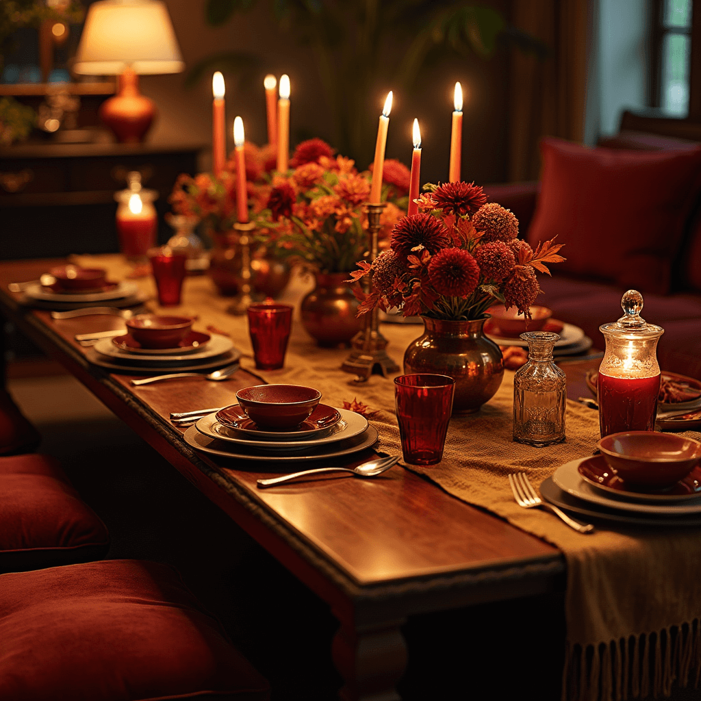 Dinner Party Aesthetic: Crafting Unforgettable Evenings of Style and Connection A cozy autumn dinner party scene featuring a low table adorned with a burgundy tablecloth, golden runner, mismatched earthy china, vintage brass candleholders, and centerpieces of dark red dahlias and orange maple leaves, surrounded by plush velvet cushions in jewel tones, all illuminated by flickering candlelight.