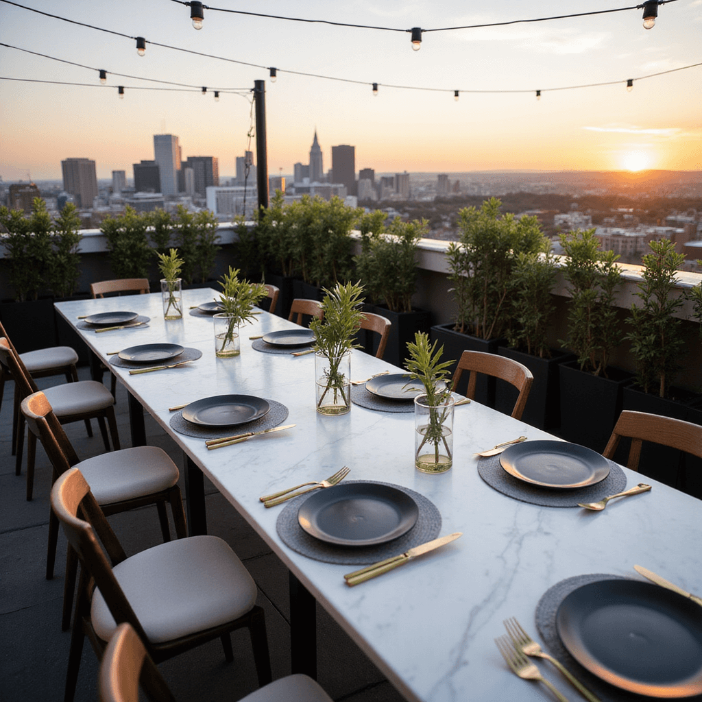 Dinner Party Aesthetic: Crafting Unforgettable Evenings of Style and Connection A modern minimalist rooftop dinner party at sunset, featuring a sleek white marble table with matte black plates and geometric brass cutlery, surrounded by clear glass vases holding single architectural plant stems, set against a dramatic city skyline illuminated by string lights.