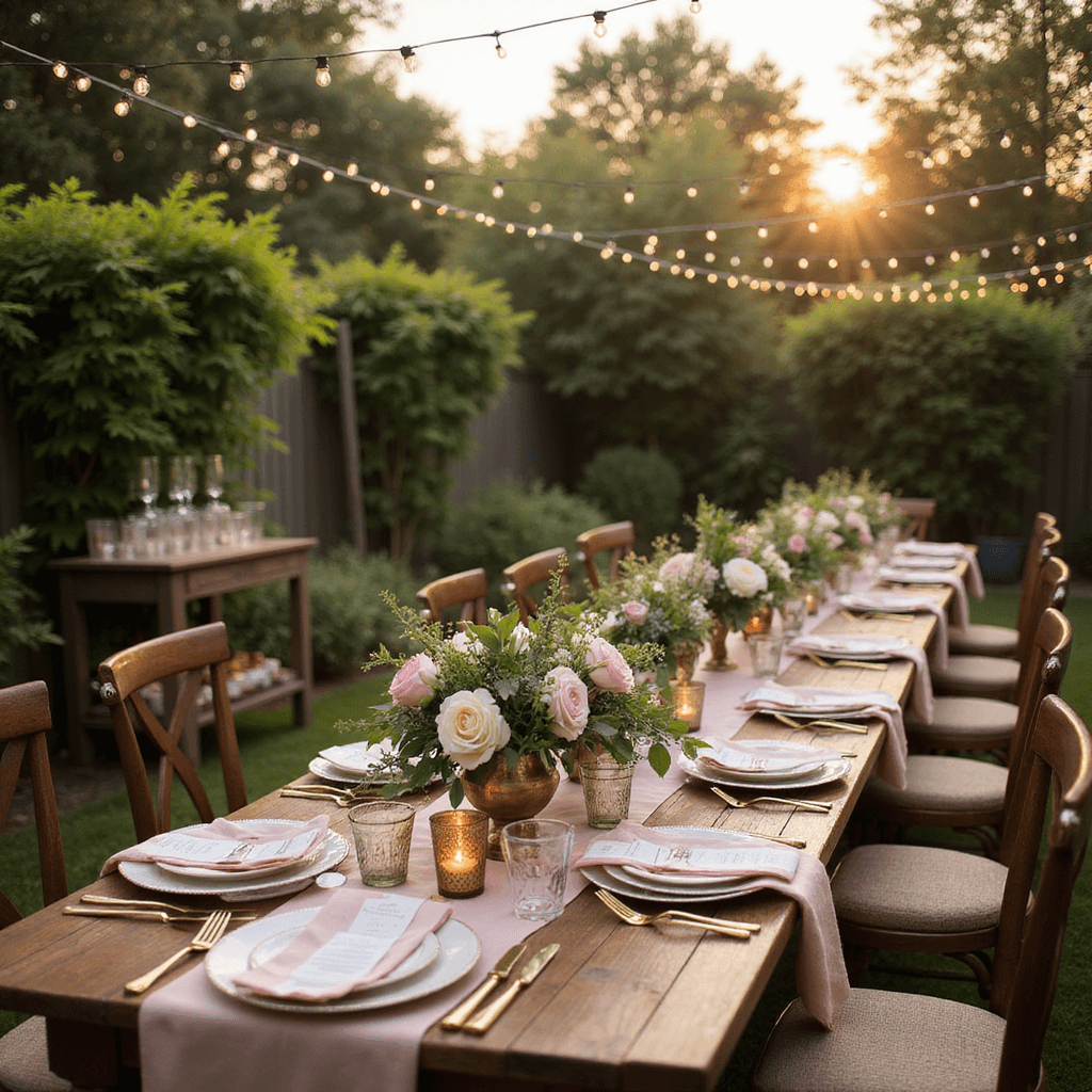 Garden Dinner Party: Your Ultimate Content Creation Guide A picturesque garden dinner party at golden hour, featuring a long wooden table with blush linen runners, vintage china, gold flatware, and lush floral centerpieces in brass vessels, surrounded by string lights and flickering candlelight, as guests enjoy botanical cocktails from a rustic bar cart.