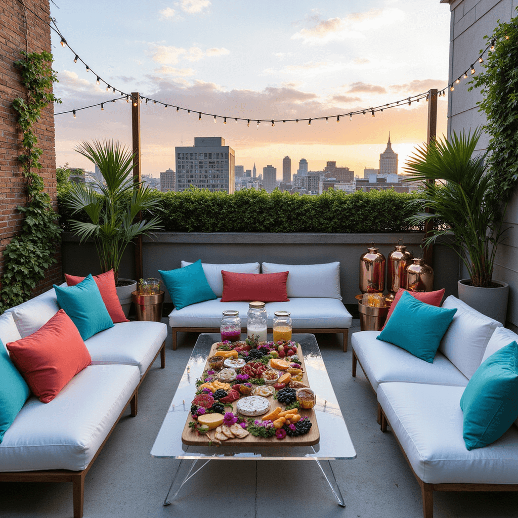 Garden Dinner Party: Your Ultimate Content Creation Guide An elegant rooftop terrace at sunset features low white lounge furniture adorned with teal and coral pillows, a grazing board with cheeses and fruits, and a modern bar with infused waters and a blue ombré cocktail, all illuminated by copper lanterns and fairy lights amidst lush greenery.