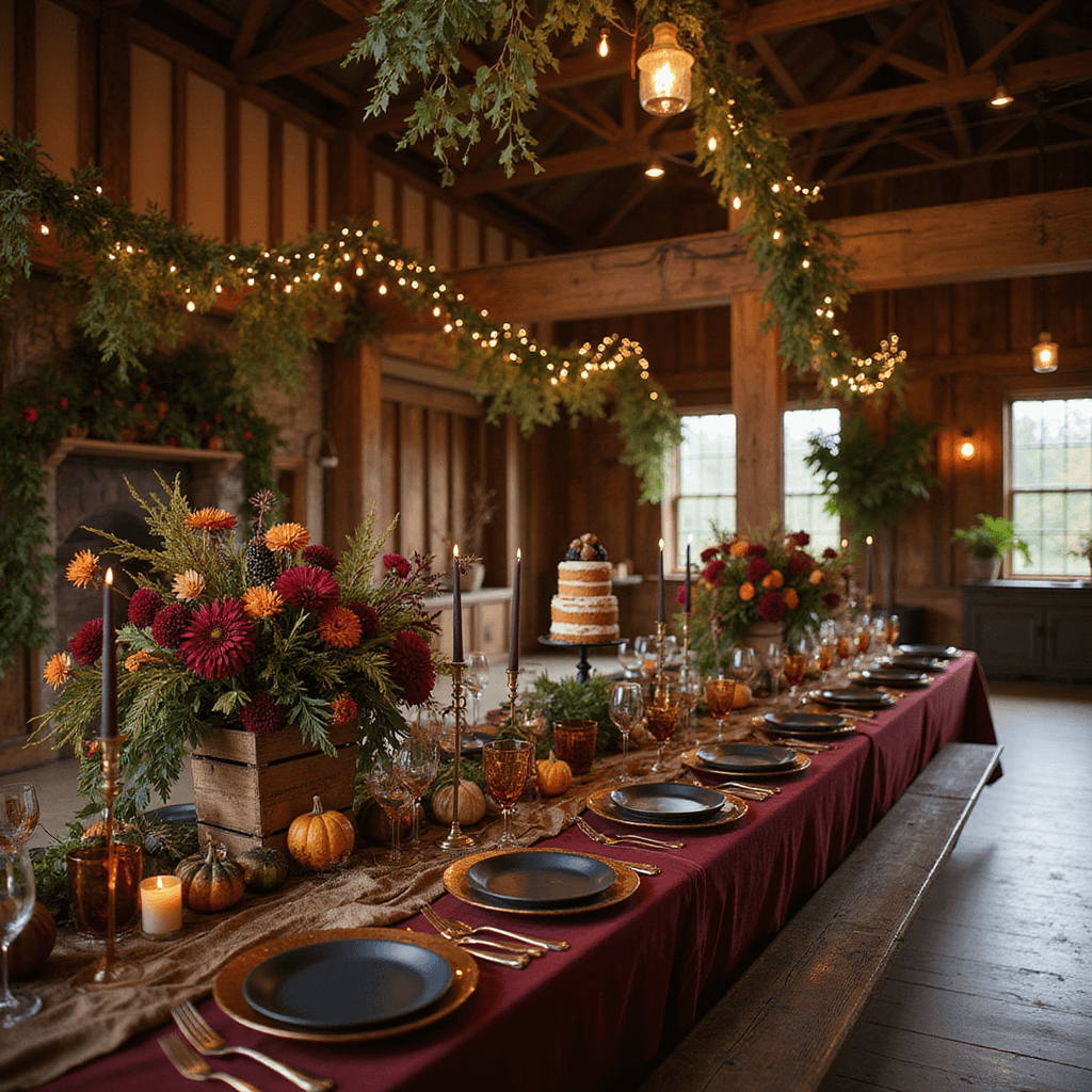 Garden Dinner Party: Your Ultimate Content Creation Guide A cozy autumn dinner party in a rustic barn with exposed wooden beams, adorned with foliage and fairy lights, featuring a long farmhouse table dressed in burgundy velvet, hammered copper place settings, and amber glassware, surrounded by weathered crates of pumpkins and dahlias, with candelabras casting a warm glow and a dessert station displaying a naked cake with figs and blackberries.