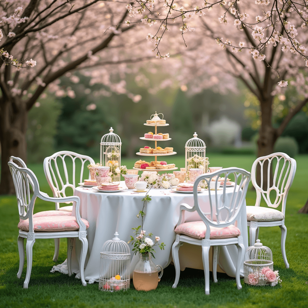 Garden Dinner Party: Your Ultimate Content Creation Guide A whimsical garden tea party with white wrought iron furniture, pastel floral cushions, mismatched vintage teacups, a multi-tiered cake stand of sandwiches and macarons, cherry blossoms overhead, crystal decanters of iced tea, and antique birdcages filled with flowers, all bathed in soft morning light.