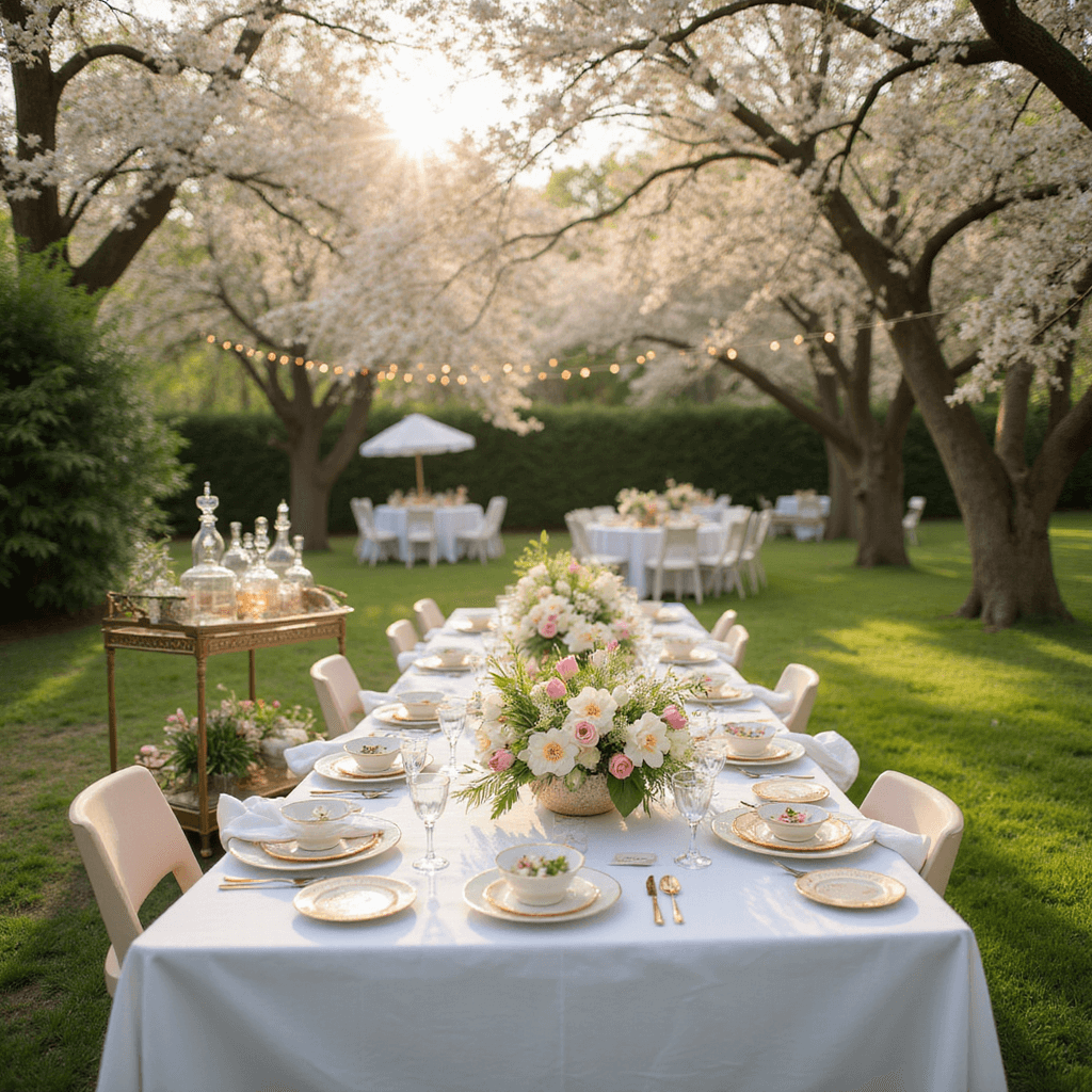 Crafting the Perfect Spring Dinner Party: A Comprehensive Guide A charming spring garden party featuring a long white table under fairy lights, surrounded by cherry trees and adorned with blush pink and mint green decor, vintage vases of tulips and daffodils, and a stylish bar cart.