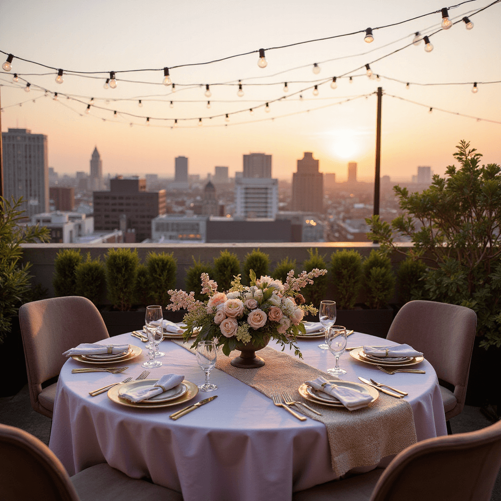 Crafting the Perfect Spring Dinner Party: A Comprehensive Guide A rooftop dinner party at golden hour features a round table with a pale lavender tablecloth and vintage pastel china, complemented by modern matte gold flatware. A vibrant floral centerpiece with peonies and ranunculus sits atop the table, surrounded by plush velvet chairs. String lights overhead illuminate the scene against a dramatic city skyline backdrop.