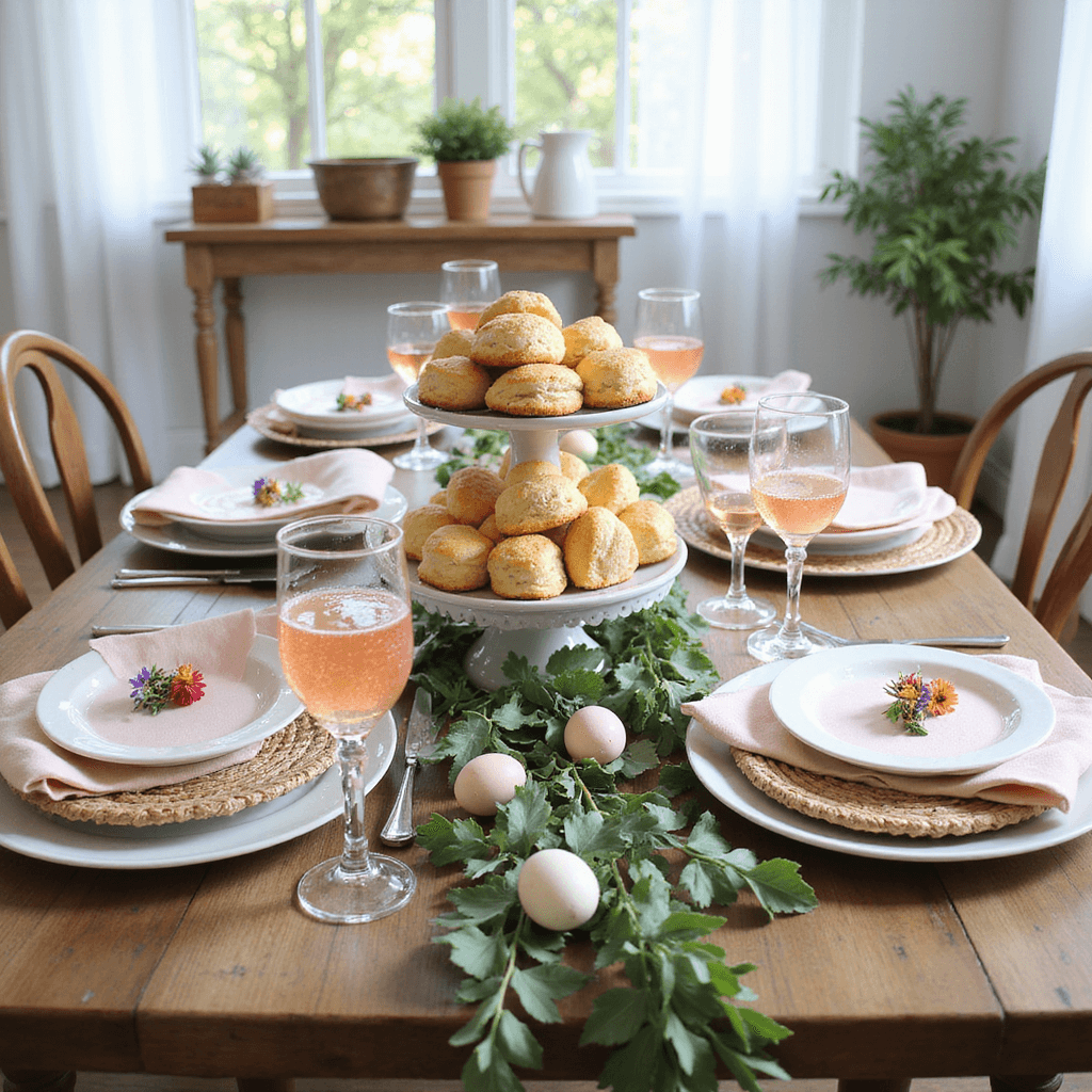 Crafting the Perfect Spring Dinner Party: A Comprehensive Guide A sunroom brunch scene featuring a rustic farmhouse table adorned with a eucalyptus table runner, pastel eggs, rattan chargers, white plates, blush pink napkins, a tiered cake stand of scones and macarons, and sparkling peach bellinis with edible flower garnishes, all illuminated by soft morning light.