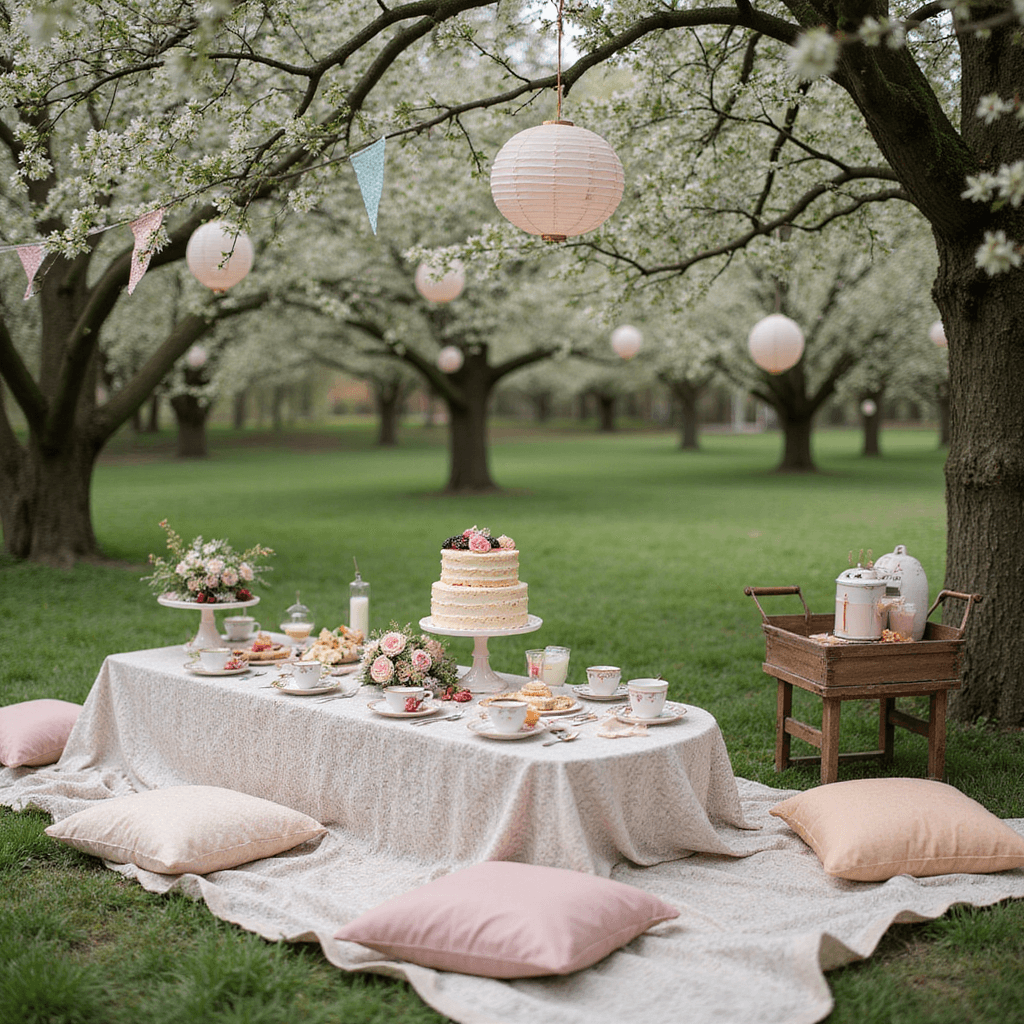 Crafting the Perfect Spring Dinner Party: A Comprehensive Guide A whimsical outdoor tea party in a blooming orchard, featuring low tables draped in vintage lace, surrounded by plush floor cushions. Mismatched china teacups and tiered stands with finger sandwiches peek out, while paper lanterns and pastel bunting sway from the trees. A dessert cart displays a naked cake with fresh berries and flowers, captured in a wide-angle shot showcasing the enchanting garden setting.