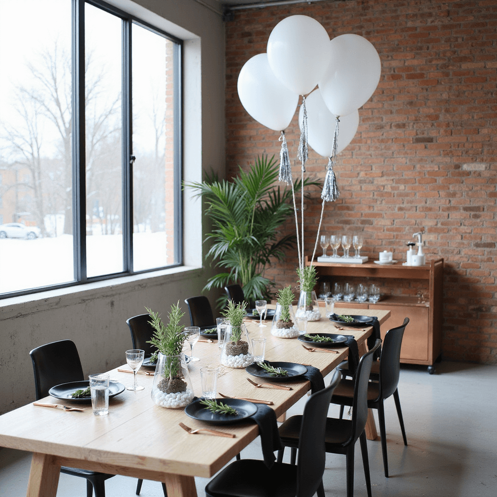 Hosting the Ultimate Christmas Dinner Party: Your Complete Guide to Festive Perfection A modern minimalist Christmas brunch in a sleek urban loft with floor-to-ceiling windows, featuring a communal table with matte black plates, copper cutlery, and rosemary-tied napkins, geometric terrariums as centerpieces, a stylish copper bar cart, and oversized white balloons with silver tassels.