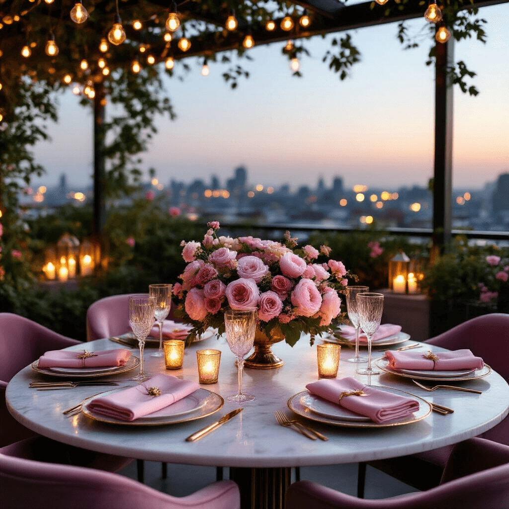 Effortless Summer Dinner Party: Your Ultimate Guide to Hosting a Pinterest-Perfect Evening An intimate rooftop terrace at twilight featuring a round marble table set with gold-rimmed plates, blush pink napkins, and sparkling crystal champagne flutes, surrounded by velvet chairs and adorned with a floral centerpiece of peonies and garden roses, with fairy lights overhead and city lights twinkling in the background.