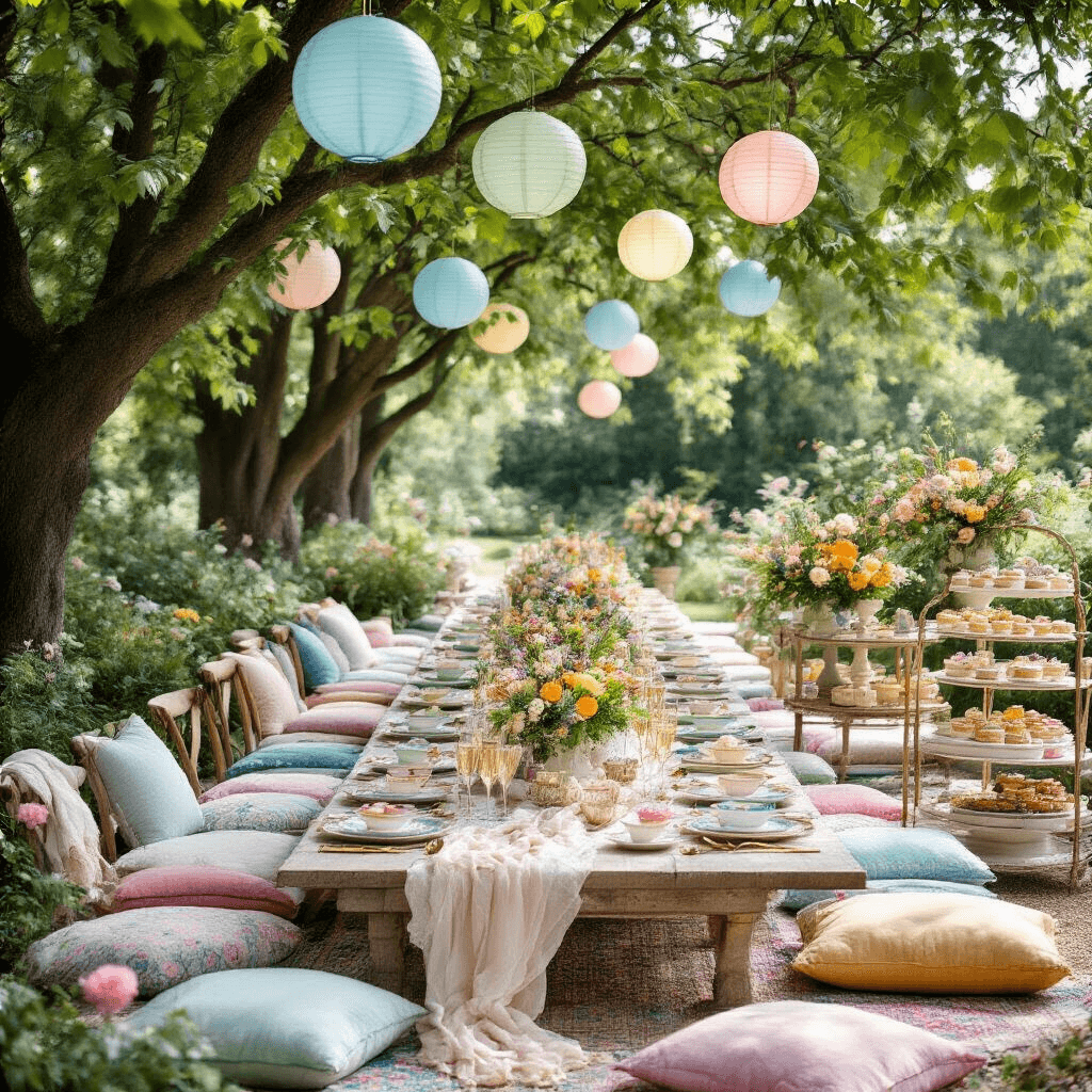 Effortless Summer Dinner Party: Your Ultimate Guide to Hosting a Pinterest-Perfect Evening A whimsical garden party featuring long tables with gauzy runners, colorful floor cushions, mismatched pastel china, gold cutlery, and delicate champagne coupes, all beneath a canopy of trees. Paper lanterns sway above lush floral arrangements in vintage pitchers, with a dessert cart displaying petite sweets on tiered stands. Soft throw blankets add warmth to the scene, illuminated by dappled sunlight filtering through the leaves.