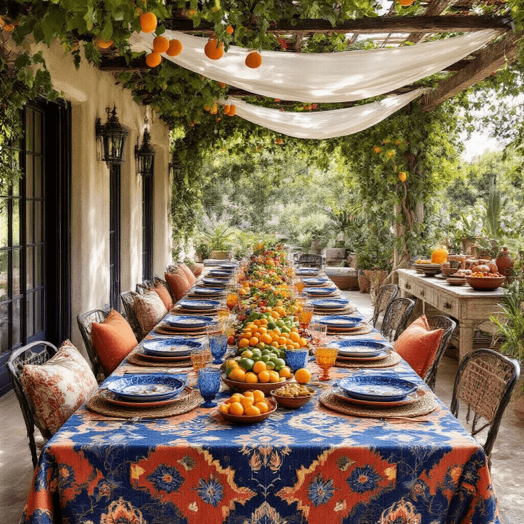 Effortless Summer Dinner Party: Your Ultimate Guide to Hosting a Pinterest-Perfect Evening A vibrant Mediterranean alfresco dinner setup on a sun-washed patio, featuring a bold patterned tablecloth, mismatched ceramic plates, colorful glassware, a centerpiece of citrus fruits and bougainvillea, wrought iron chairs, and a rustic sideboard with Mediterranean dishes and sangria, all under a pergola draped in white fabric and grape vines, with a backdrop of whitewashed walls and distant sea views.