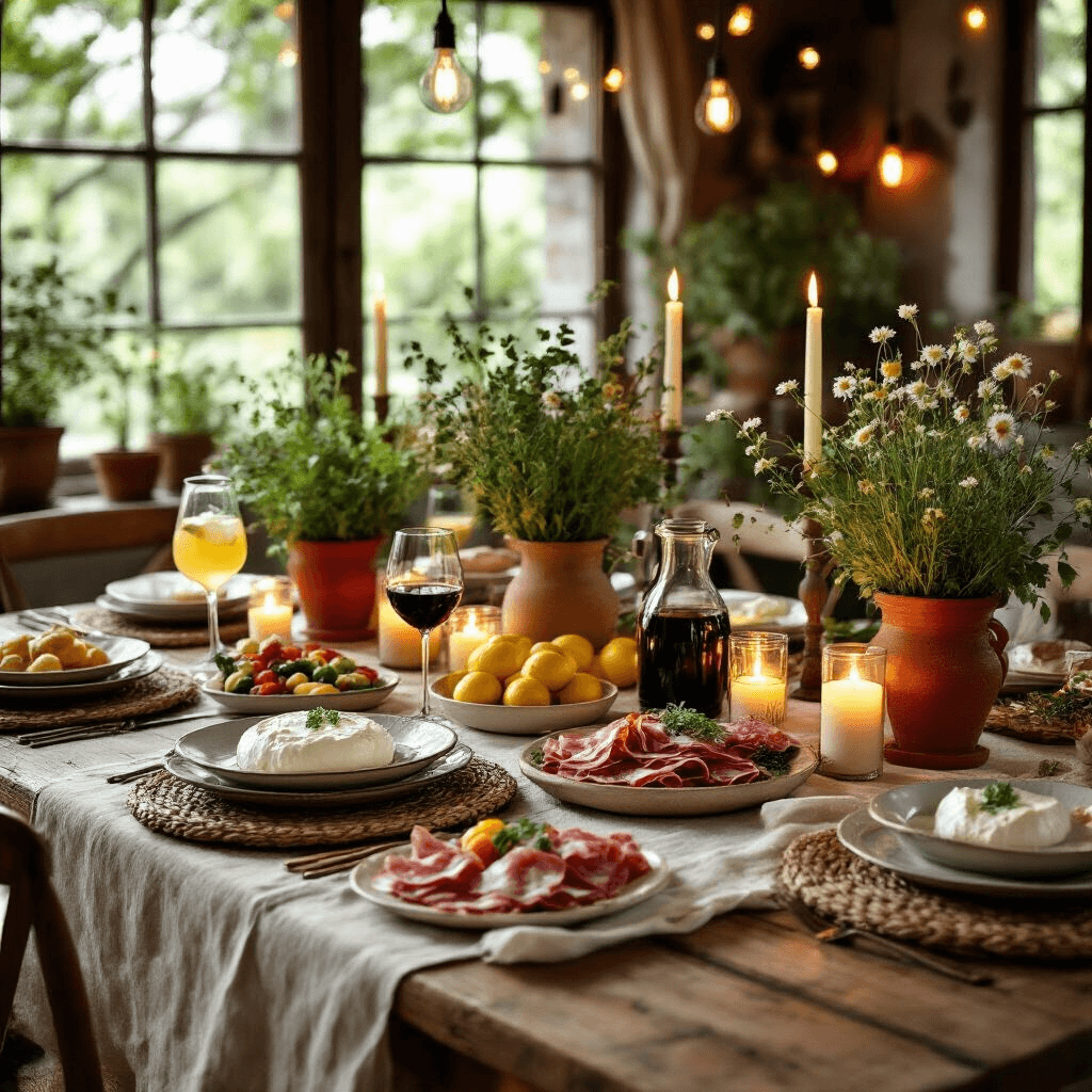 Crafting the Perfect Italian Dinner Party: A Comprehensive Guide A cozy, candle-lit Italian dinner party featuring a long wooden table with a cream linen tablecloth, vintage mismatched plates, and terracotta herb centerpieces, adorned with lemons and wildflowers. The warm glow from string lights and candles illuminates antipasti platters, red wine, and limoncello spritz cocktails.