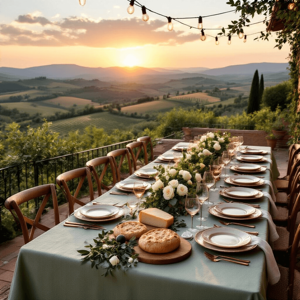 Crafting the Perfect Italian Dinner Party: A Comprehensive Guide An overhead view of a beautiful outdoor Italian feast on a sunlit terrace, featuring a long sage green table with copper chargers, cream plates, crystal glasses, and rustic centerpieces of olive branches, white roses, and figs, illuminated by fairy lights and a sunset sky of pink and gold over rolling Tuscan hills.