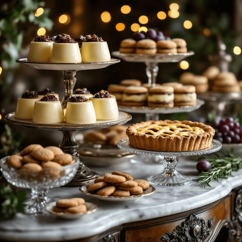 Crafting the Perfect Italian Dinner Party: A Comprehensive Guide Close-up of an opulent Italian dessert display on a marble-topped antique sideboard, featuring tiered cake stands with golden panna cotta, rich tiramisu, and rustic fruit crostata, surrounded by vintage crystal bowls of amaretti cookies and chocolate-dipped biscotti, adorned with fresh figs, grapes, and rosemary, illuminated by soft-focus fairy lights in warm lighting.