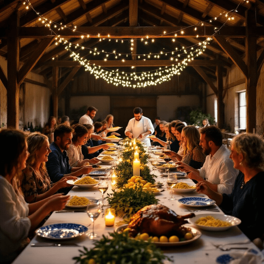 Crafting the Perfect Italian Dinner Party: A Comprehensive Guide A lively Italian dinner party in a rustic barn, featuring guests laughing and sharing food at long tables adorned with white linens and blue patterned plates, under twinkling fairy lights. A chef carves roasted porchetta in the foreground, while centerpieces of olive branches and lemons enhance the cozy, joyful atmosphere.