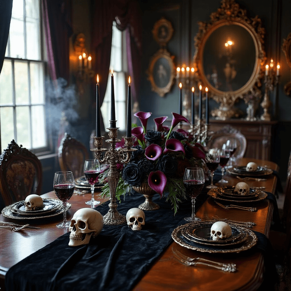 Hosting the Ultimate Halloween Dinner Party: A Hauntingly Elegant Guide A dimly lit Victorian dining room set for an elegant Halloween dinner party, featuring a mahogany table with a black velvet tablecloth, silver candelabras with flickering black candles, a centerpiece of deep purple calla lilies and black roses, gold-rimmed black plates, crystal goblets of red wine, and personalized skull place cards, enveloped in ghostly fog.