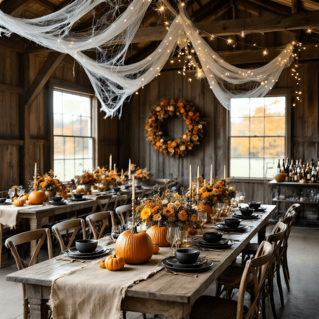 Hosting the Ultimate Halloween Dinner Party: A Hauntingly Elegant Guide A rustic barn interior adorned for a chic Halloween harvest dinner, featuring exposed wooden beams with cobwebs and fairy lights, long farmhouse tables set with burlap runners and mismatched vintage chairs, hollowed-out pumpkins filled with flowers, and a bar cart with colorful cocktails and a cauldron of dry ice.
