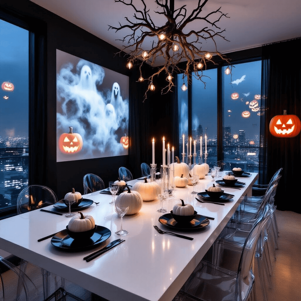 Hosting the Ultimate Halloween Dinner Party: A Hauntingly Elegant Guide A sleek, minimalist Halloween dining setup in a modern loft with floor-to-ceiling windows, featuring a glossy white table, geometric black plates, and clear glass centerpieces with white pumpkins and floating candles, illuminated by a dramatic chandelier of branches and a projection of swirling mist with jack-o'-lanterns on a statement wall. Lucite ghost chairs and neon Halloween signs add contemporary flair.
