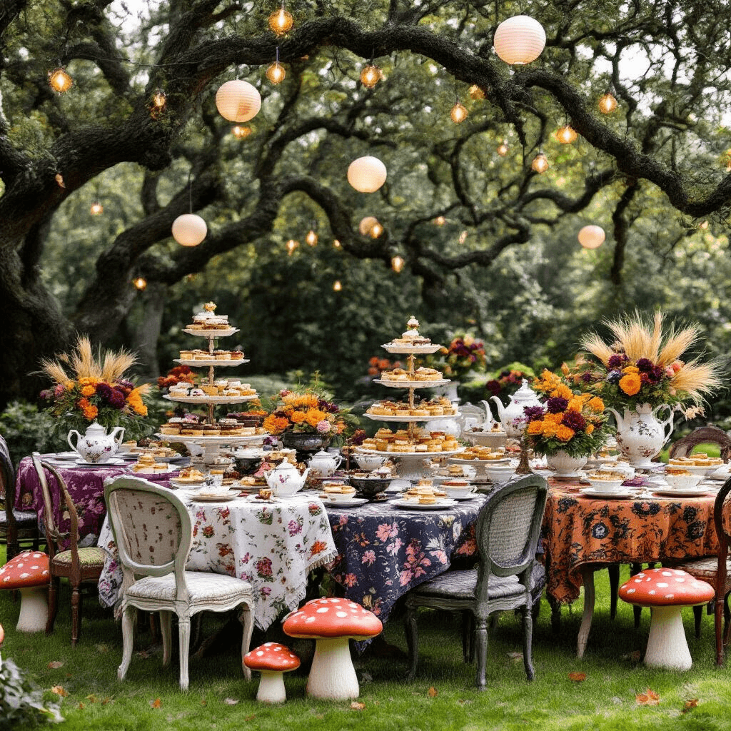 Hosting the Ultimate Halloween Dinner Party: A Hauntingly Elegant Guide A whimsical Halloween afternoon tea party in a garden with mismatched vintage tables, jewel-toned tablecloths, fine china featuring Halloween designs, tiered cake stands with spooky pastries, floral arrangements in teapots, oversized toadstools, and string lights, all under gnarled old trees with a misty atmosphere.