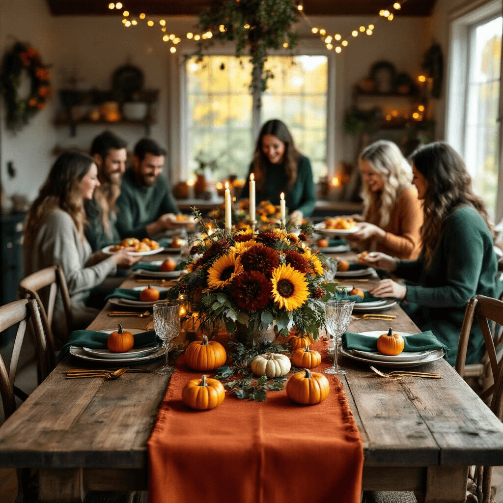 Friendsgiving Dinner Party: The Ultimate Guide to Creating Unforgettable Memories A cozy candlelit living room set for Friendsgiving, featuring a rustic wooden dining table with a burnt orange runner, forest green napkins, and gold cutlery. Mismatched vintage chairs surround the table, each with a small pumpkin place card. Fairy lights are strung overhead, illuminating a buffet table with steaming dishes, while friends in casual autumn attire laugh and serve food. The foreground highlights layered plates, crystal wine glasses, and a centerpiece of burgundy dahlias, yellow sunflowers, and eucalyptus in a hammered copper vase.