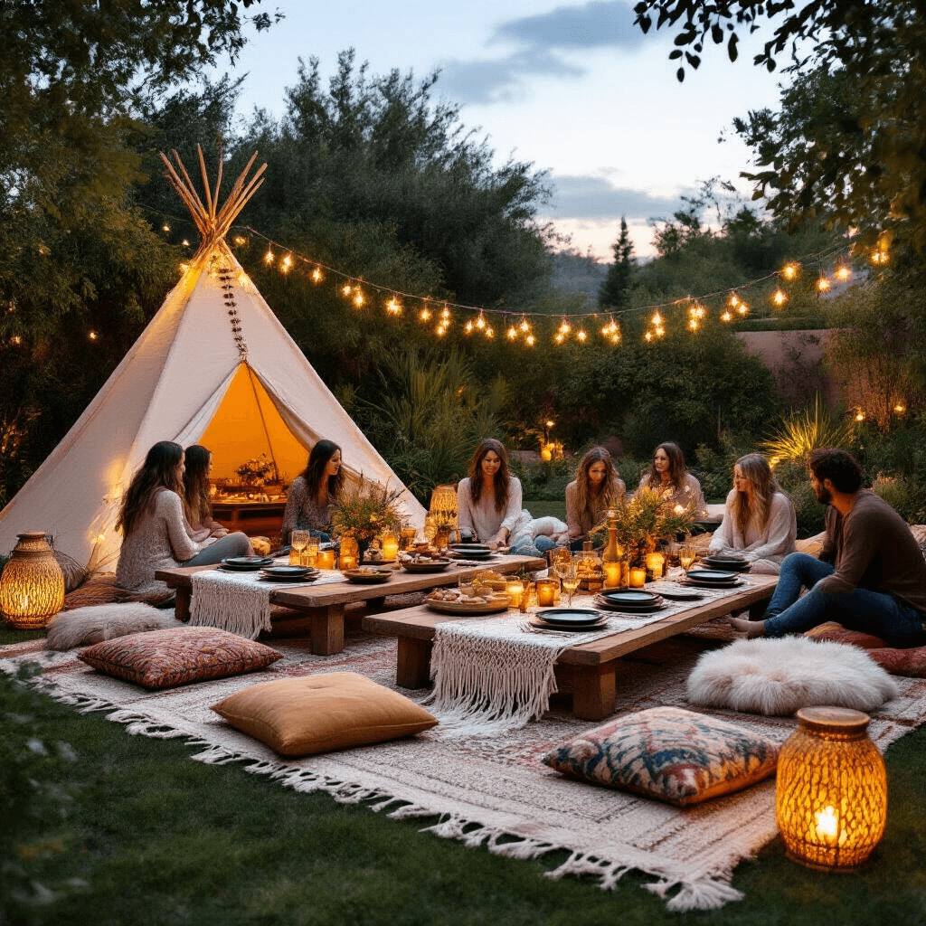 Friendsgiving Dinner Party: The Ultimate Guide to Creating Unforgettable Memories A cozy backyard Friendsgiving picnic at twilight featuring low tables with macramé runners, surrounded by colorful cushions and sheepskin throws, illuminated by rattan lanterns and candles. The tables are adorned with earthy ceramic plates, gold-rimmed glasses, and matte black cutlery. A teepee-style tent festooned with fairy lights serves as a dessert station, while friends relax comfortably in the lush garden setting.